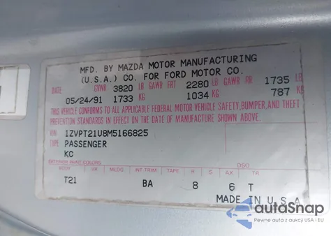 1991 Ford Probe Lx from USA, damaged, VIN 1ZVPT21U8M5166825